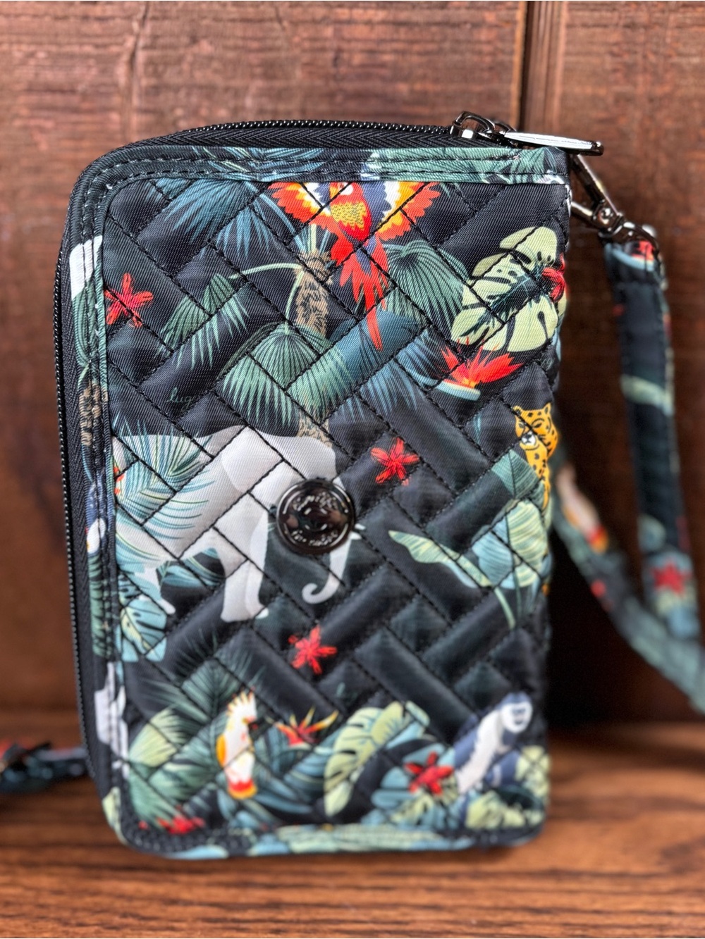 Lug Quickstep Quilted Tropical Print Wristlet Travel Crossbody Bag - Black,RFID